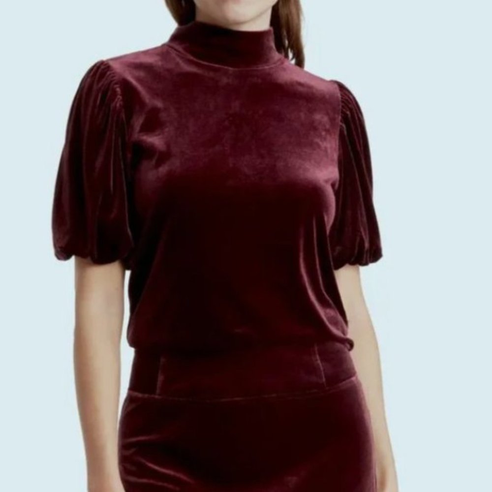 Laundry by Shelli Segal Velour Mock Neck Balloon Sleeve Burgundy Blouse